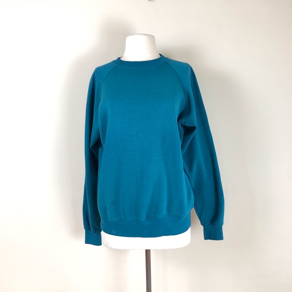 vintage 80s hanes worn in sweatshirt teal cotton blend sweater pullover grunge - Picture 2 of 9